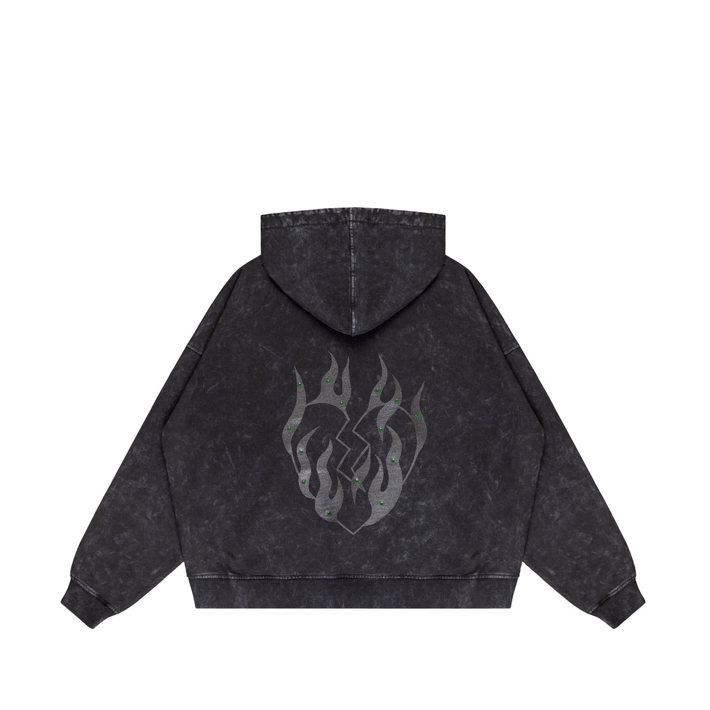 “Fire Hearts” Black Washed Hoodie