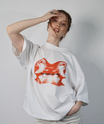 "Two Faces" White T-Shirt Boxy